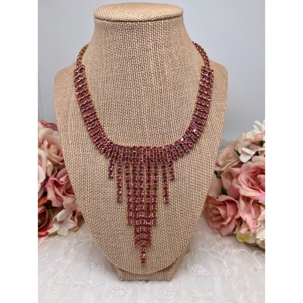 Pink Crystal Necklace High Drama Runway Sparkle Gold Plated Stunning 17"